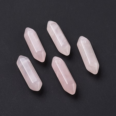 Honeyhandy Natural Rose Quartz Terminal Pointed Pendants, Faceted Bullet Charm, 30~35x8~9x8~9mm, Hole: 1.4mm