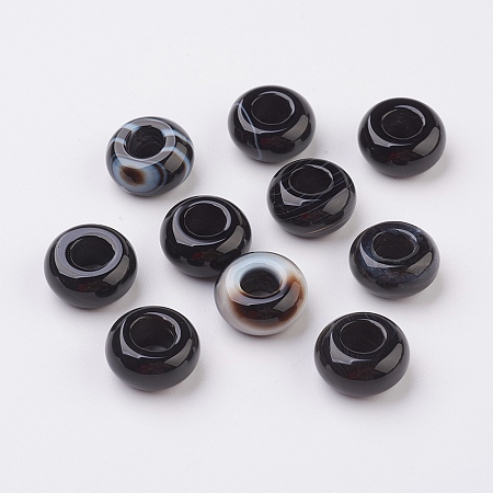 Randomly Mixed Natural Black Agate and Banded Agate European Beads, Large Hole Beads, Rondelle, Dyed, 14x8mm, Hole: 6mm