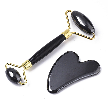 Honeyhandy Magnetic Synthetic Hematite Facial Roller & Heart Shape Gua Sha, Facial Beauty Roller Skin Care Tools, with Light Gold Plated Brass Findings, Facial Rollers: 14.6x6.1x 2cm, Gua Sha: 8.1~8.4x5.8~6x0.7~0.8mm
