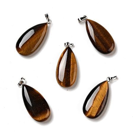 Natural Tiger Eye Pendants, with Platinum Tone Brass Findings, Teardrop, 33x15x7~7.5mm, Hole: 5x3.5mm