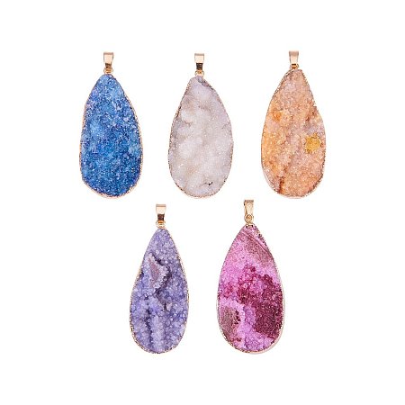 ARRICRAFT 5PCS Drop Shape Dyed Plated Natural Druzy Agate Pendants for Jewelry Making (Drop 2)
