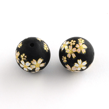 Honeyhandy Flower Picture Frosted Glass Round Beads, with Gold Metal Enlaced, Black, 14x13mm, Hole: 1.5mm