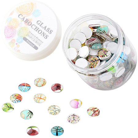 ARRICRAFT 1 Box(about 200pcs) 10mm Mixed Color Printed Half Round/Dome Glass Cabochons for Jewelry Making (Tree of Life)