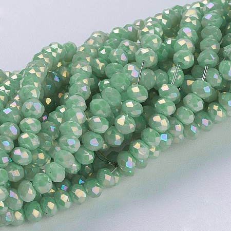 Honeyhandy Electroplate Glass Beads Strands, Full Rainbow Plated, Faceted, Rondelle, Green, 3~3.5x2~2.5mm, Hole: 0.8mm, about 135~140pcs/strand, 14.6 inch(37cm)