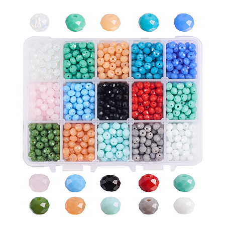 PandaHall Elite 1Box 6mm 15 Color Briolette Faceted Glass Beads Abacus Gems Rondelle Loose Beads for Necklace Jewelry Making