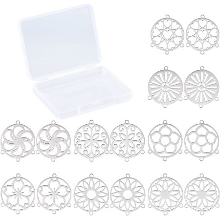 SUNNYCLUE 1 Box 16Pcs 8 Styles Chandelier Connector Charms Hollow Flower Component Links Stainless Steel Filigree Flat Round Loops Pendants for Jewelry Making Charms Earrings Findings, Silver