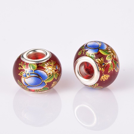 Flower Picture Printed Glass European Beads, Large Hole Rondelle Beads, with Silver Color Plated Brass Cores, Red, 14x11mm, Hole: 5mm
