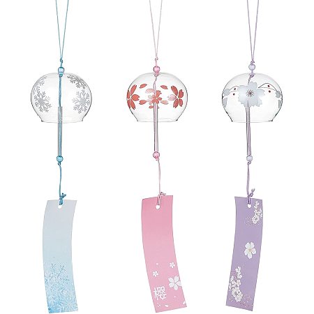 BENECREAT 3PCS Japanese Wind Chimes Pink/Blue/Purple Glass Wind Bells Handmade Pendants for Birthday Gift and Home Decoration
