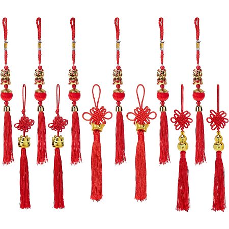 SUPERFINDINGS 12Pcs 4 Styles Chinese Tassel with Golden Ingots/Yuan Bao Knots Lucky Cat Chinese Knot Tiger Knots Stnads for Luck Wealth Health Success for Friends and Familes and Car Decoration