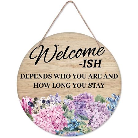 Arricraft Welcome-ISH Wooden Flat Round Hanging Door Sign Rustic Floral Wood Welcome Sign Wall Hanging Decor for Home Farmhouse Front Door Outdoor Decoration About 11.8x11.8in