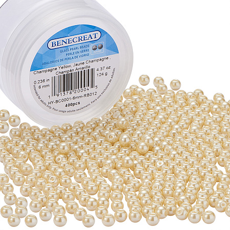 BENECREAT Environmental Dyed Pearlize Glass Pearl Round Bead for Jewelry Making with Bead Container, Champagne Yellow