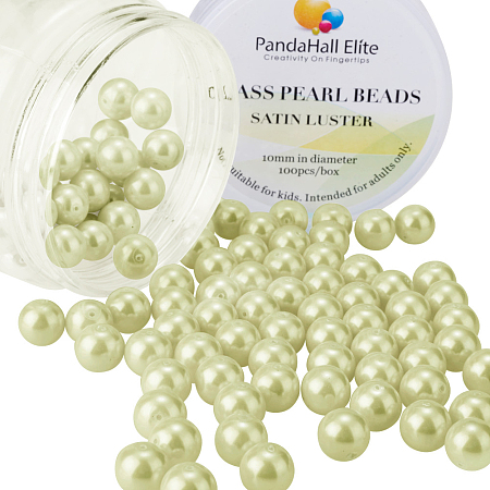 PandaHall Elite 10mm Champagne Yellow Glass Pearl Tiny Satin Luster Round Loose Pearl Beads for Jewelry Making, about 100pcs/box