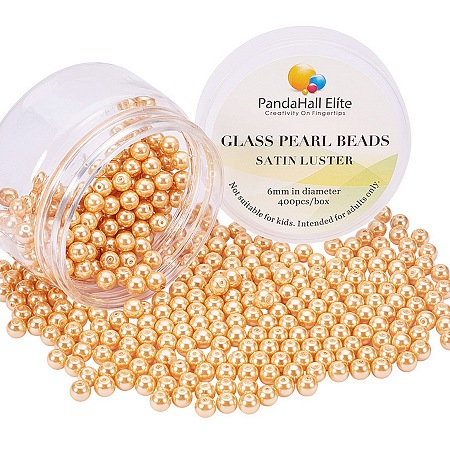 PandaHall Elite 6mm Anti-flash Orange Glass Pearls Tiny Satin Luster Round Loose Pearl Beads for Jewelry Making, about 400pcs/box