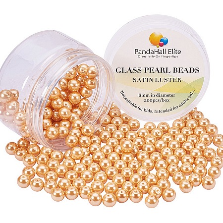 PandaHall Elite 8mm Anti-flash Orange Glass Pearls Tiny Satin Luster Round Loose Pearl Beads for Jewelry Making, about 200pcs/box