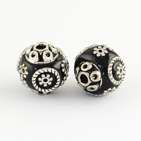 Honeyhandy Round Handmade Indonesia Beads, with Alloy Cores, Antique Silver, Black, 15x14mm, Hole: 2mm