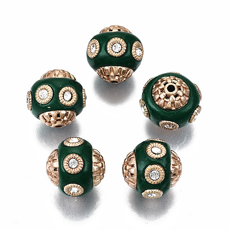 Arricraft Handmade Indonesia Beads, with Crystal Rhinestone and Brass Findings, Round, Golden, Green, 13.5x12.5mm, Hole: 1.6mm