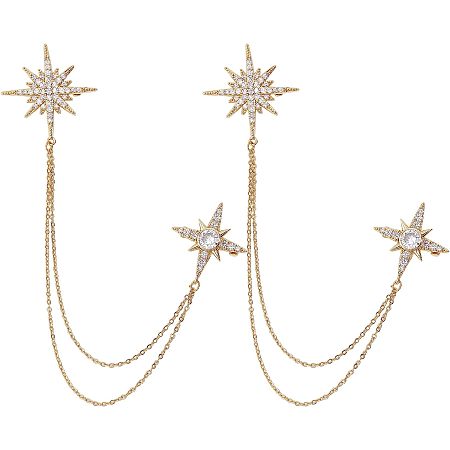 NBEADS 2 Pcs Gold Brooch Chain, Star Brooch Lapel Pin Cubic Zirconia Brooch Gold Brooch Pin with Tassel Chain for Career Suit Tuxedo of Shirts Tie Hat Scarf