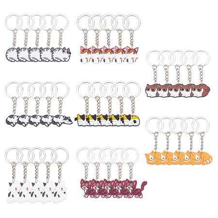 CRASPIRE 40pcs 8 Style Cute Cartoon PVC Plastic Cat Pendant Keychain, with Iron Findings, Mixed Color, 70~78mm, 5pcs/style