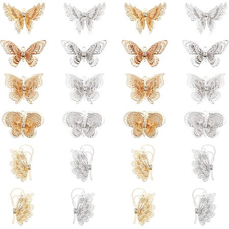CHGCRAFT 24pcs 2 Colors Brass Butterfly Pendants 3D Bracelet Necklace Pendants DIY Charms for Earrings Necklace Crafts with Crystal Rhinestone 5 Sizes