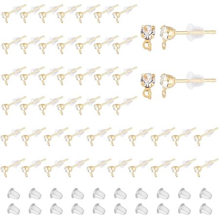 DICOSMETIC 100Pcs Rhinestone Earring Post Golden Earring Stud with Horizontal Loop Cubic Zirconia Stud Earring Brass Ear Stud with 200Pcs Earring Back for DIY Earring Jewelry Making, Pin: 0.7mm