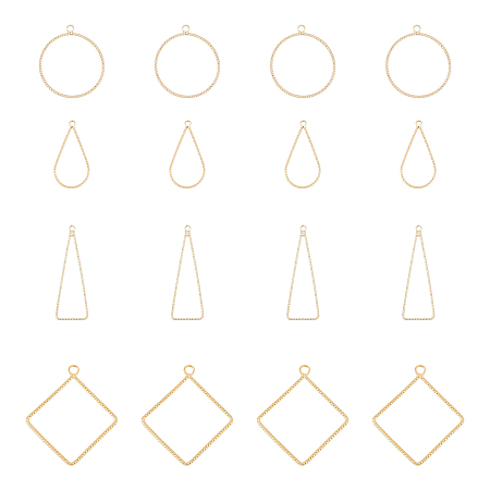 DICOSMETIC 32Pcs 4 Style Brass Pendants, Teardrop & Triangle & Rhombus & Ring, Real 18K Gold Plated, 26~38x11.5~34x0.5~1.5mm, Hole: 1.5~2.5mm, 8pcs/style