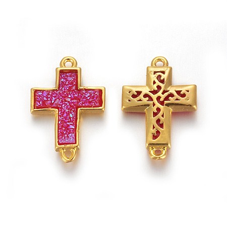 Brass Links connectors, with Druzy Resin, Golden Plated Color, Cross, Medium Violet Red, 19.7x13.5x3.5mm, Hole: 1.2mm