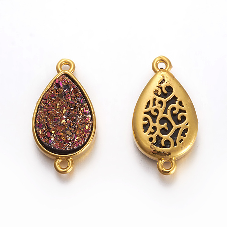 Brass Links connectors, with Druzy Resin, Golden Plated Color, teardrop, Sienna, 19x10.5x5.5mm, Hole: 1.2mm