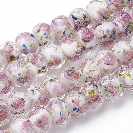 Honeyhandy Handmade Gold Sand Lampwork Beads Strands, Inner Flower, Faceted Rondelle, White, 11~12x8~9mm, Hole: 1.6~2mm, about 45pcs/strand, 17.3 inch