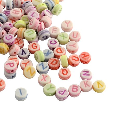 NBEADS 500g Craft Style Colorful Acrylic Beads, Flat Round with Initial Letter, Alphabet Style, Mixed Color, 7x4mm, Hole: 2mm; about 3400pcs/500g