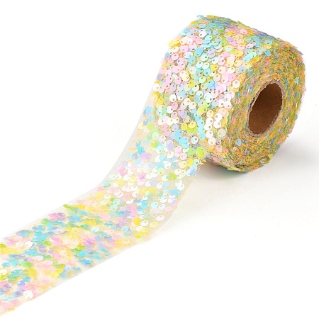ARRICRAFT Polyester Elastic Sequin Ribbons, with Bling Paillette, Turquoise, 2-3/8 inch(60mm), 10 yards(9.14m)/roll