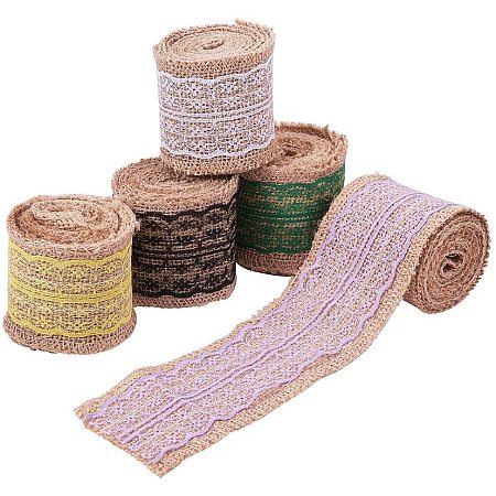 ARRICRAFT 5 Rolls Natural Burlap Ribbon Roll with Lace, Mixed Jute Ribbons, Lace Craft Ribbon Burlap for Crafts Wraping Gifts Party Holiday and Rustic Wedding Decorations