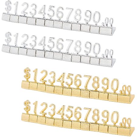 AHANDMAKER 4 Pieces Price Labels Metal Arabic Adjustable Price Display Stand Price Watch Ring Jewelry Dollar Pricing Label Stand Kit for Retail Shop, Jewelry Store, Counter(Gold/Silver)