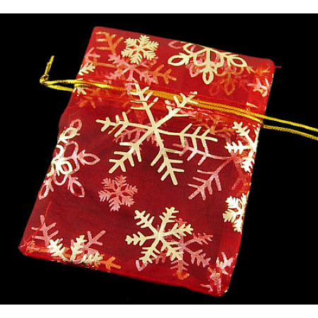 Arricraft Golden Snowflake Printed Organza Packing Bags, for Festival Christmas Day, Rectangle, Red, 12x10cm