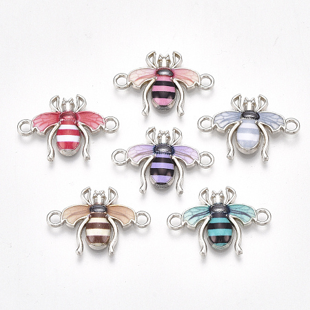 Honeyhandy Printed Alloy Links connectors, with Enamel, Bee, Platinum, Mixed Color, 16x22.5x2.5mm, Hole: 2mm