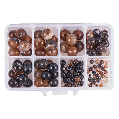 PandaHall Elite 100pcs 5 Sizes 12/10/8/6/4mm Dyed Round Natural Striped Agate/Banded Agate Beads with Hole for Bracelet Jewelry Making, Sienna