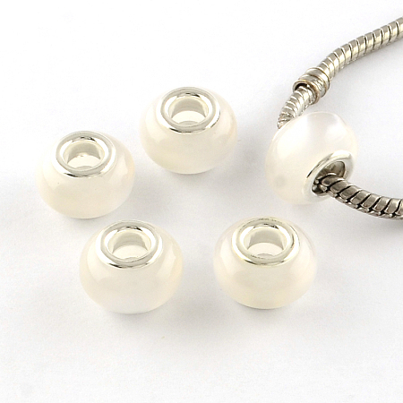 Honeyhandy Imitation Cat Eye Resin European Beads, Large Hole Rondelle Beads, with Silver Color Plated Brass Cores, White, 13~14x9mm, Hole: 4.5~5mm
