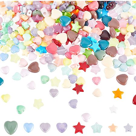 NBEADS 400 Pcs 8 Styles Star and Heart Acrylic Beads, Candy Color Beads Pony Beads Opaque Spacer Beads Loose Beads for Valentine's Day Bracelet Necklace Jewelry Making