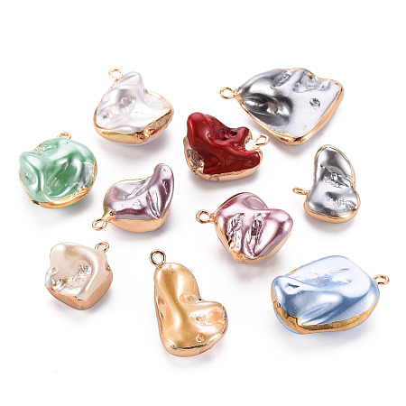 ARRICRAFT Electroplate Freshwater Shell Pendants, with Golden Iron Edge and Loops, Nuggets, Dyed, Mixed Color, 21~32.5x14~24x6~21mm, Hole: 1.8mm