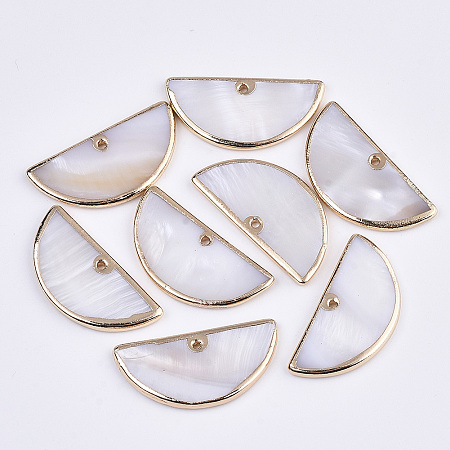 Honeyhandy Natural Freshwater Shell Pendants, with Edge Brass Golden Plated, Semi Circle/Half Round, Seashell Color, 15x30x2.5mm, Hole: 1.2mm