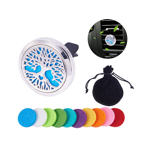 BENECREAT Tree of Life Car Air Freshener Aromatherapy Essential Oil Diffuser Stainless Steel Locket With Vent Clip 10 Washable Felt Pads