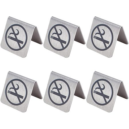 AHANDMAKER 6 Pcs Stainless Steel No Smoking Table Sign, Reservation Signage Board Warning Sign No Smoking Sign Card Hotel Office Non-Smoking Desk Logo Indicator, 48x50x50mm