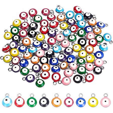 NBEADS 100 Pcs Enamel Evil Eye Charms, 10 Colors 304 Stainless Steel Evil Eye Beads, Flat Round Evil Eye Dangle Charms for Necklace Bracelet Earrings DIY Supplies
