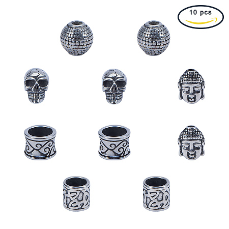 PandaHall Elite 10 Pcs 304 Stainless Steel Spacer Beads Large Hole Bead 5 Styles for Jewelry Making Antique Silver