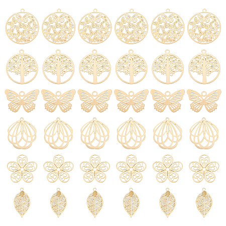 UNICRAFTALE 36Pcs 6 Style Gold Botanical Themed Pendant Stainless Steel Filigree Pendants Etched Metal Embellishments Flower Butterfly Leaf Flat Round Hollow Pendant Charms for Jewelry Making
