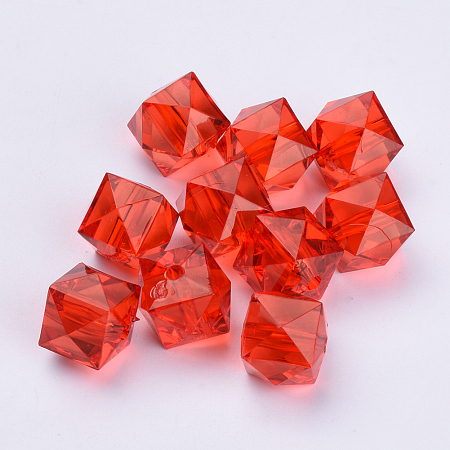 Honeyhandy Transparent Acrylic Beads, Faceted, Cube, Red, 10x10x8mm, Hole: 1.5mm, about 900pcs/500g