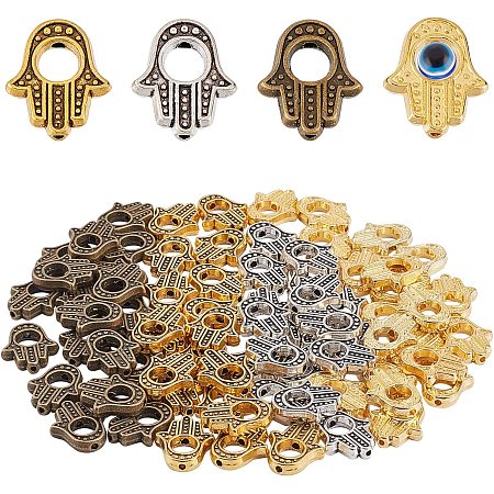 SUNNYCLUE 1 Box 80Pcs 4 Colors Hamsa Hand Bead Alloy Hand of Fatima Miriam Frame Hollow Beads Loose Spacer Charms Chakra Tibetan Style for Jewelry Making Bracelets Necklaces Crafts Supplies