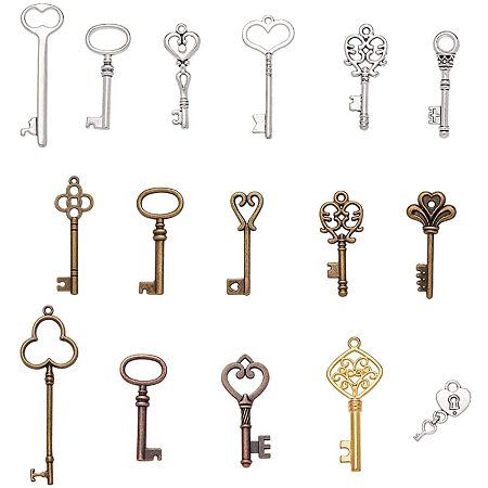 NBEADS 120g Skeleton Key Theme Tibetan Style Alloy Pendants, 15 RANDOM MIXED Kinds of Key Shape Alloy Pendant Charms Jewelry Crafting Supplies for DIY Necklace Bracelet Arts Projects