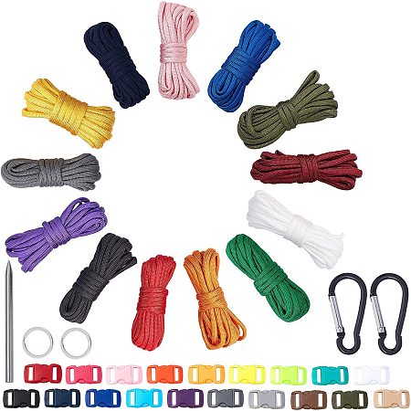PandaHall Elite Paracord Combo Crafting Kits, 13 Colors 9.8 Feet 4mm Parachute Cord with Buckles Paracord Stitching Needle Rock Climbing Split Key Rings for Bracelet Lanyard Keychain