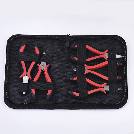 Honeyhandy 45# Steel Jewelry Plier Sets, Including Round Nose Plier, Side Cutting Plier, Wire Cutter Pliers and Flat Nose Plier, Red, 12.3x7.5x1.7cm/11.2x7.5x1.7cm/11.9x7.4x1.7cm/12.6x7.3x1.7cm/12.3x7.4x1.7cm, 5pcs/set