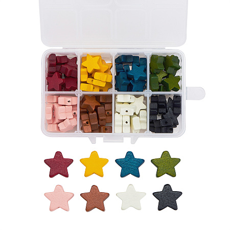Painted Natural Wood Beads, Lead Free, Star, Mixed Color, 14x15.5x6mm, Hole: 1.2mm, 8 colors, 10pcs/color, 80pcs/box